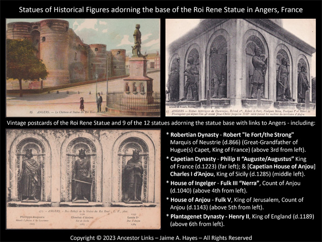 Statues of Historical Figures adorning the base of the
          Roi Rene Statue in Angers, France